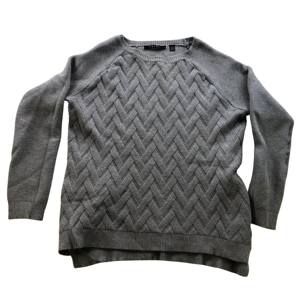 Cyrus Womens Sweater Medium Textured Long Sleeve Gray Chevron Knit Cozy Casual